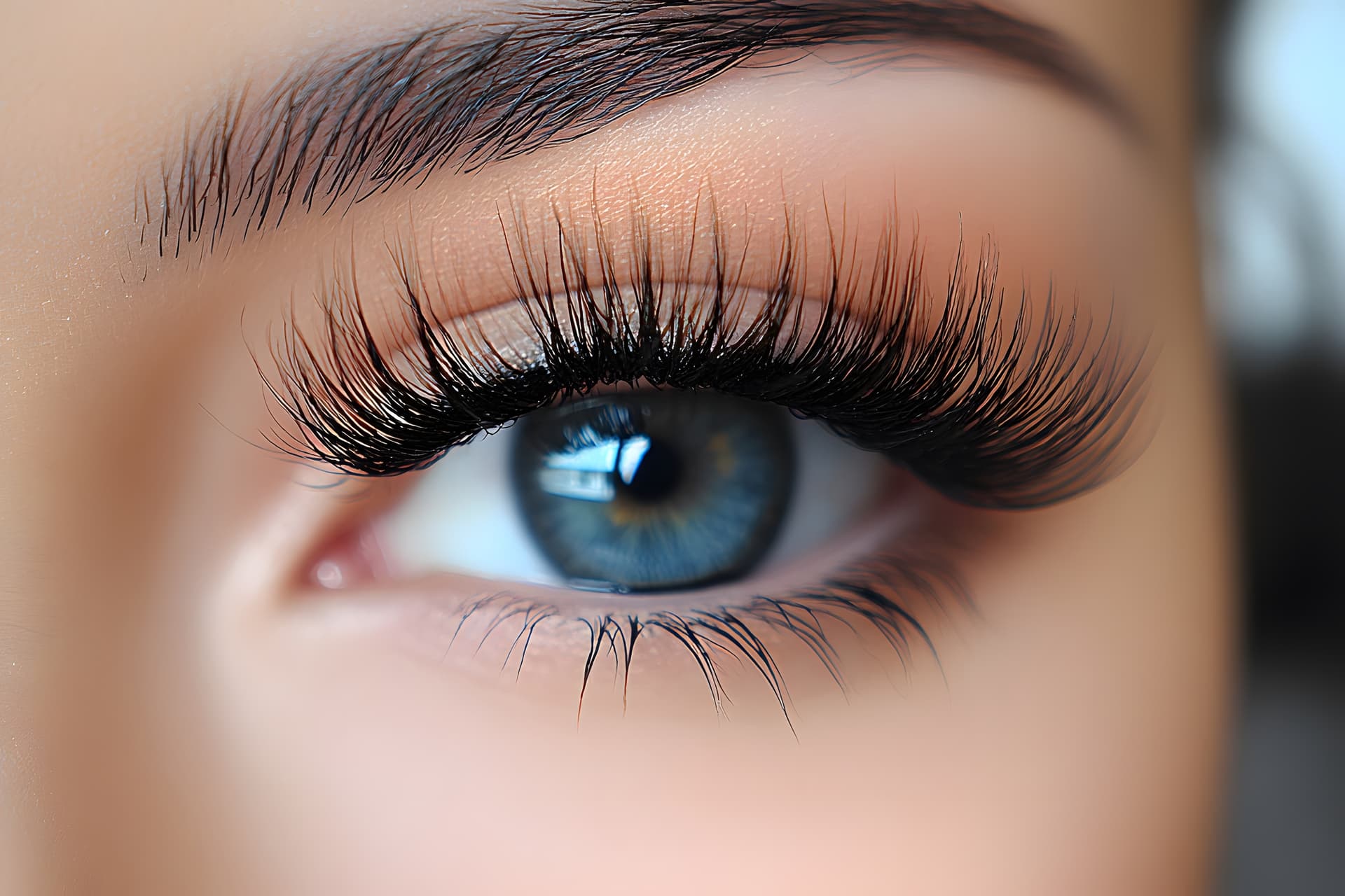 Close-up of a dense, full lash extension set