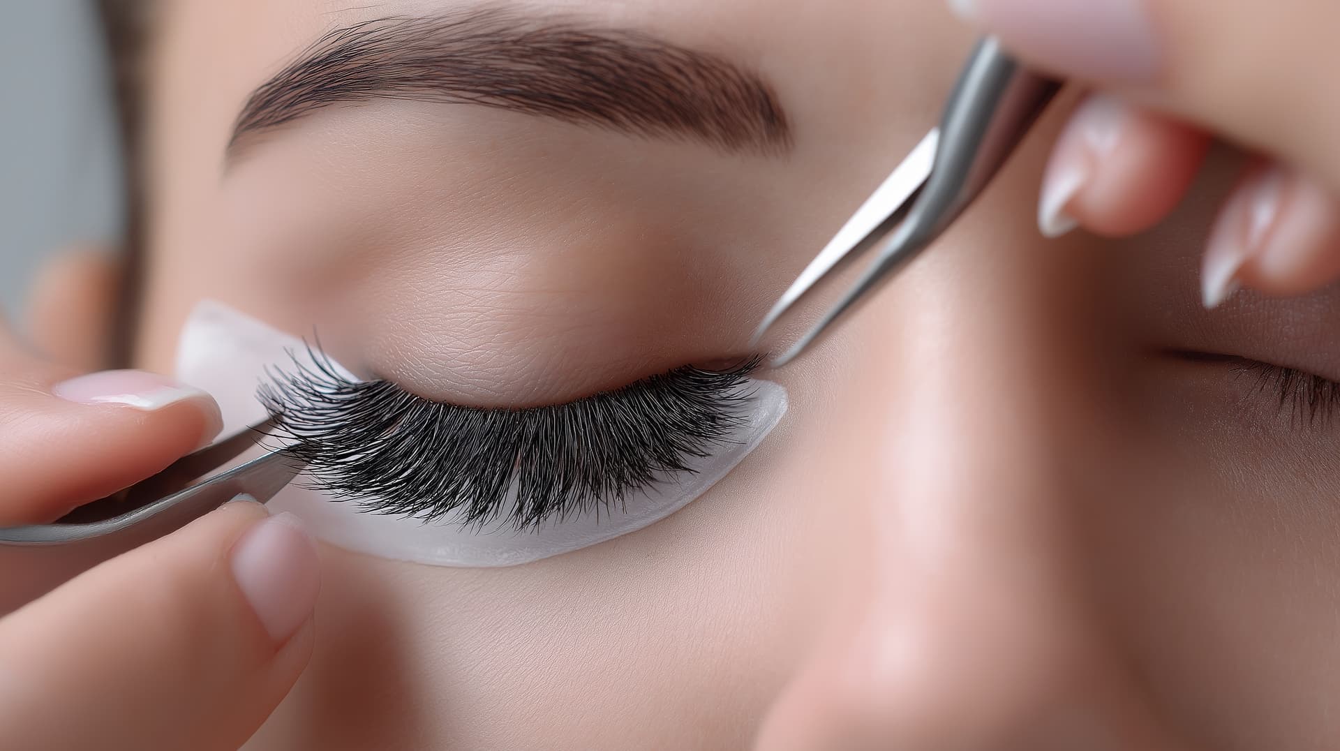Lash technician using tweezers during a fill appointment