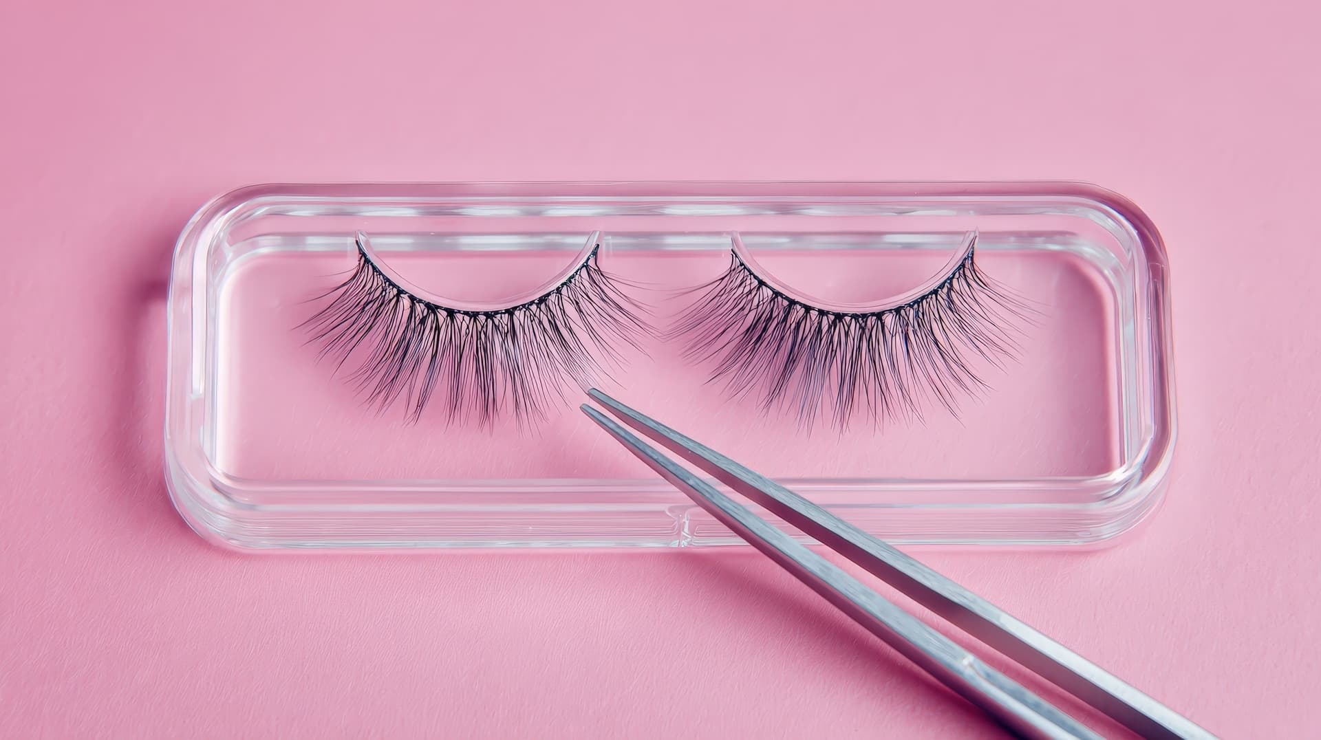 Lash extensions arranged in a tray with tweezers positioned nearby