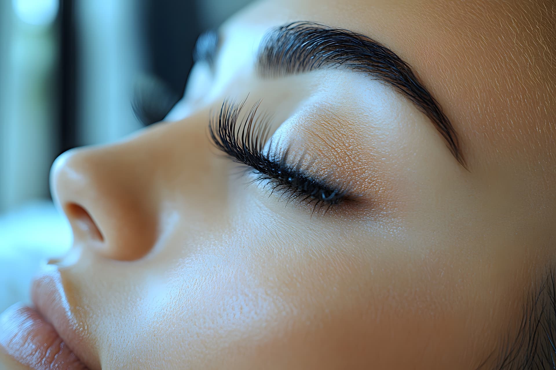 Peaceful close-up profile of a client's closed eye and lash line