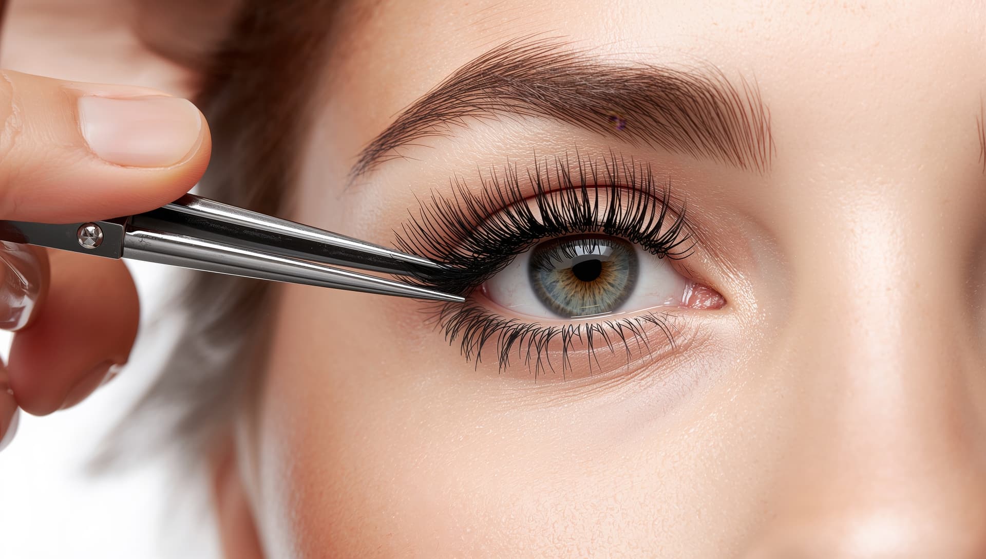 Close-up of a lash artist applying individual extensions with tweezers